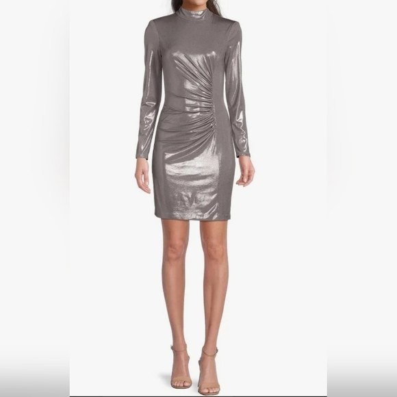 Vince Camuto Silver Metallic Rusched Mockneck Sheath Mini Cocktail Dress - Picture 1 of 17